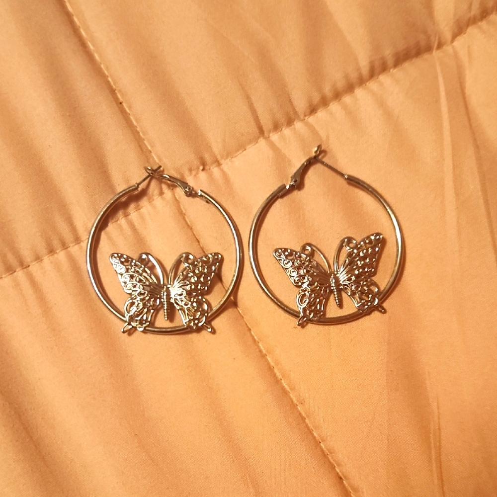 Silver Butterfly Hoop Earrings